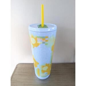 2025 Starbucks Siren Logo Pastel Blue &Yellow Floral Spring 24oz Tumbler